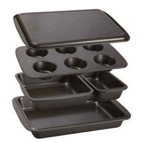 5-Piece Nonstick Carbon Steel Bakeware Set with Loaf Pan, Square Cake Pan, 6 Cup Muffin Pan, Roaster Pan, Cookie Sheet, Gray (Color: gray)